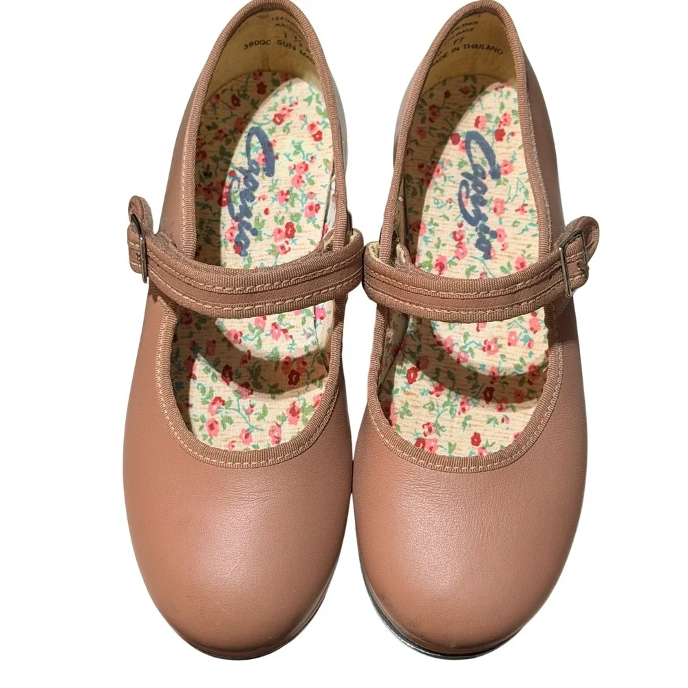 Capezio Tap Shoes Girls 1.5 M Caramel Leather Mary Jane 3800C Tele Tone Floral
